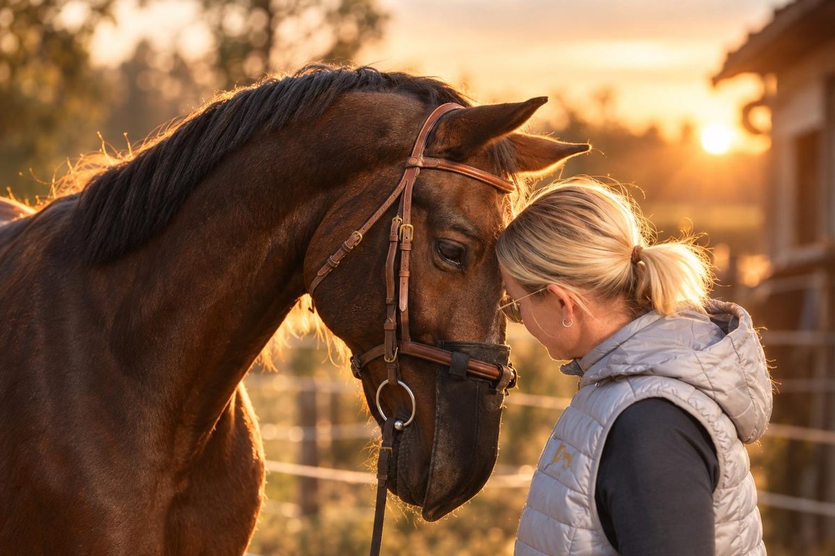 Daniela Grundner mit Pferd, Stirn an Stirn im Abendlicht
