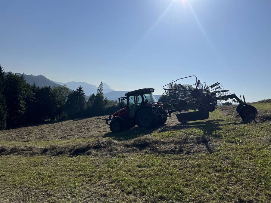 Traktor mit Schwader am Hang vor Bergen