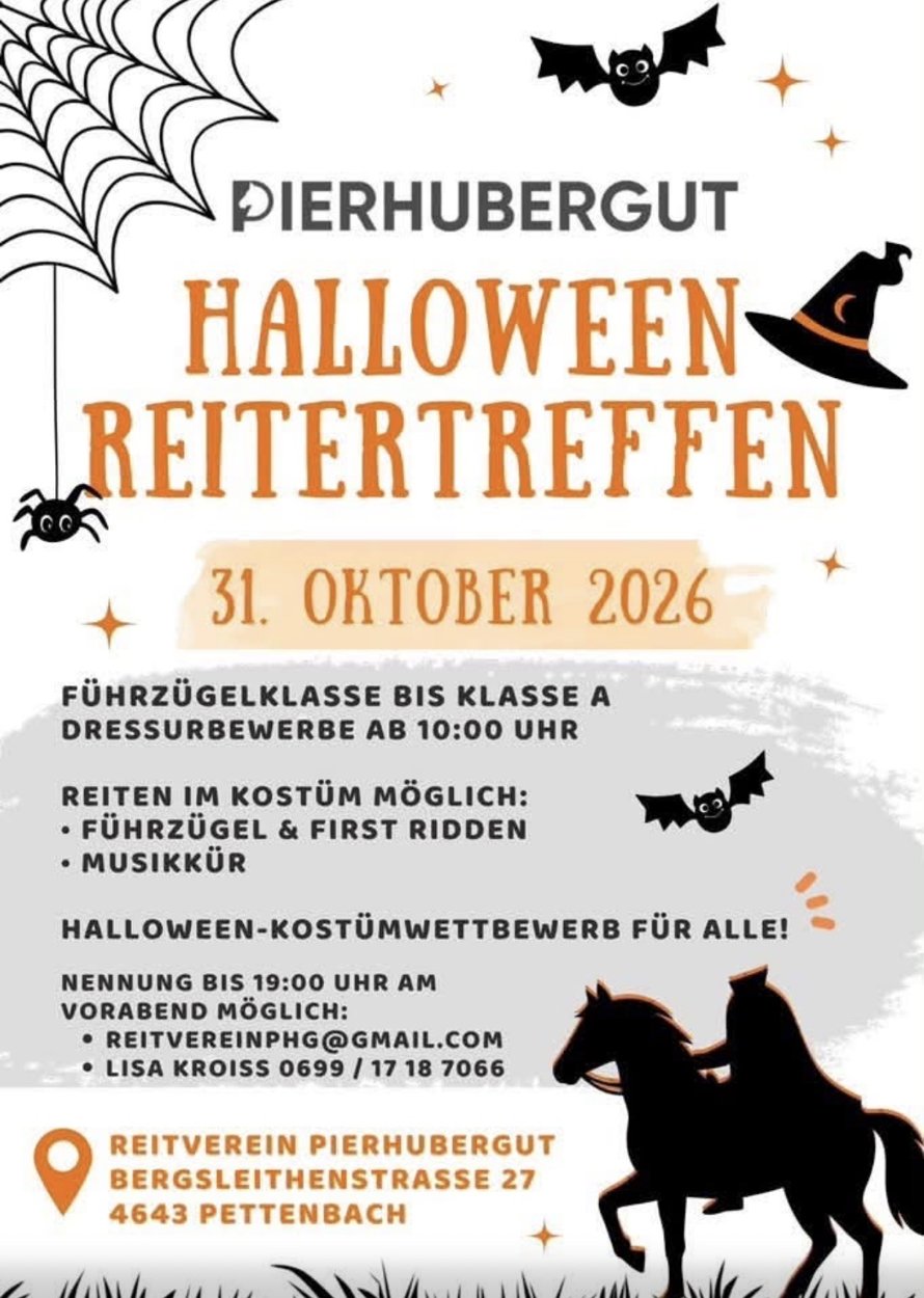 Flyer: Halloween-Reitertreffen am 31. Oktober 2026 beim Reitverein Pierhubergut