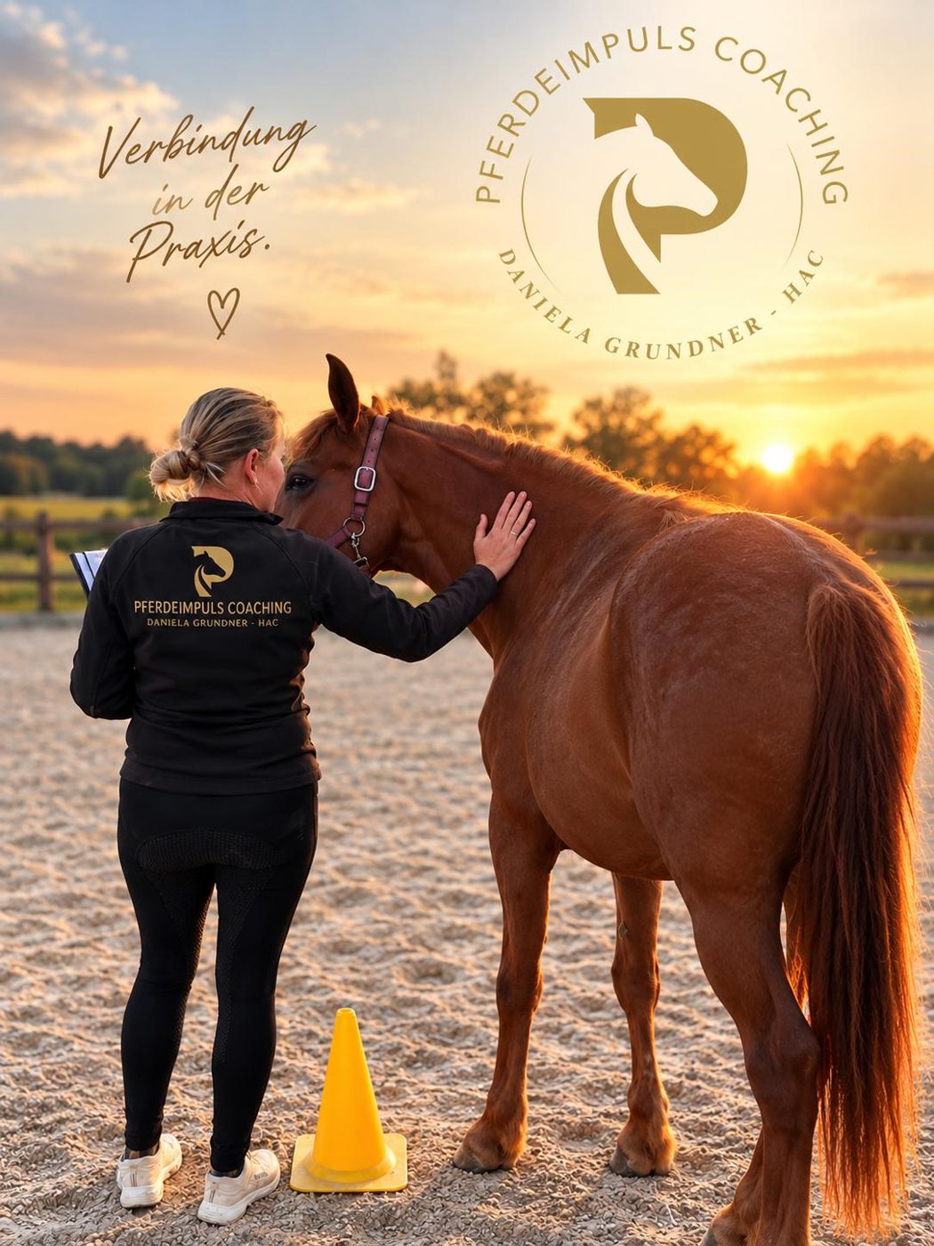 Daniela Grundner beim Coaching mit einem Pferd im Abendlicht, Verbindung in der Praxis